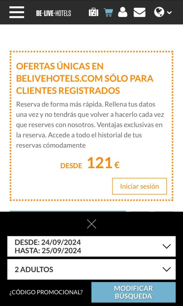 Código promocional Be Live Hotels - Versión móvil