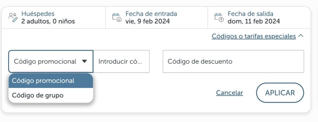 Cómo añadir código promocional Barceló Hoteles