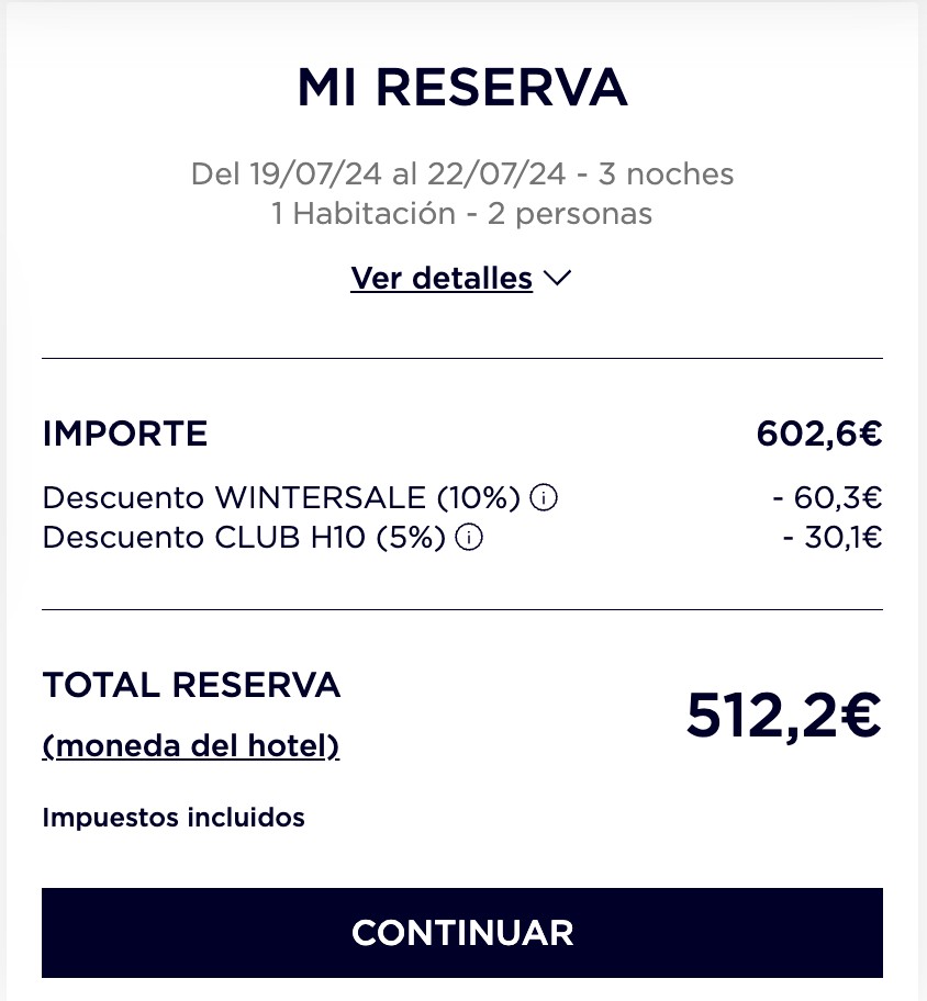 Descuento añadido en la sección mi reserva en la web de H10