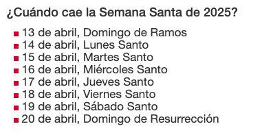 Calendario con los días festivos de Semana Santa 2025