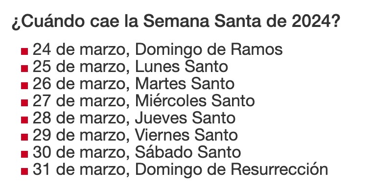 Calendario con los días festivos de Semana Santa 2024