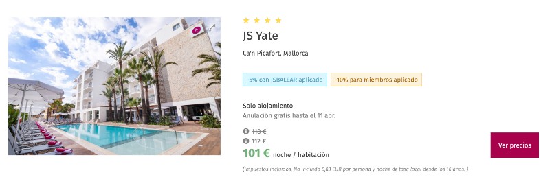 Código descuento aplicado en JS Hotels