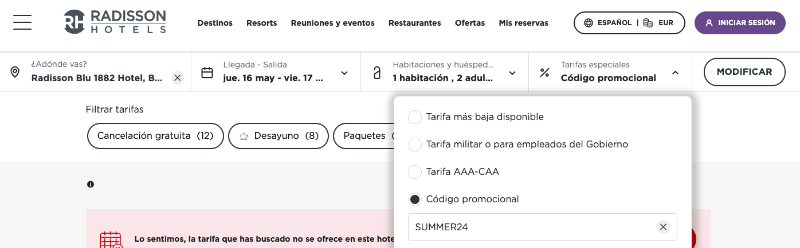 Cómo añadir el código promocional en la web de Radisson Hotels