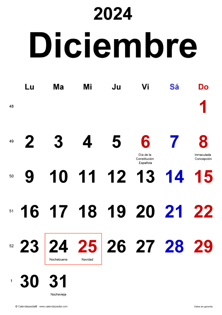 Calendario Navidades Diciembre 2024 